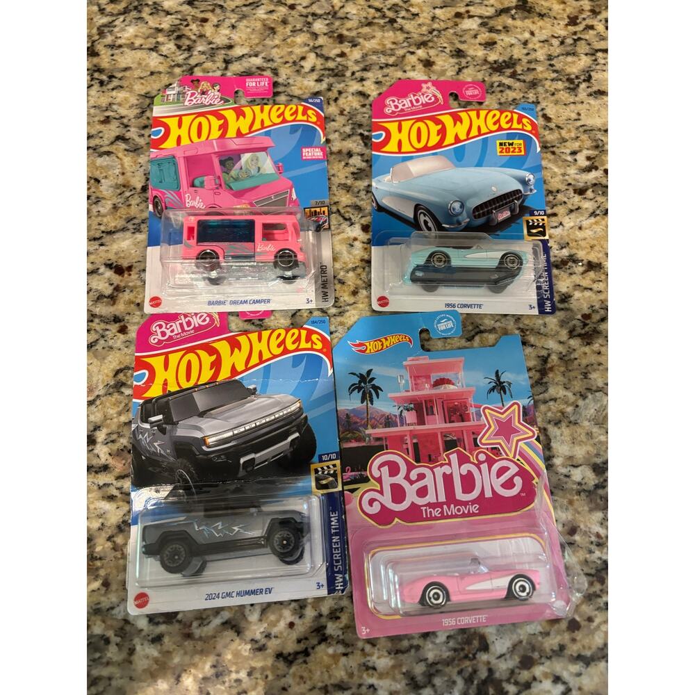 Set of 4 Hot Wheels Barbie Hummer, Dream Camper, Corvette Pink & Blue